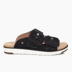 UGG NEW Fluff Indio Suede Flat Slide Sandal in Black